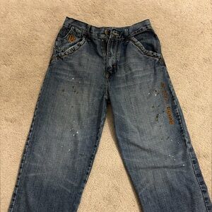 FUBU Women's Straight Leg Blue Denim Jeans with Subtle Paint Detail